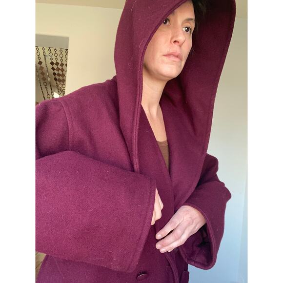 Red Wine, Vintage Winter Coat with Hood, Belt, and Bell Sleeves - Picture 3 of 7